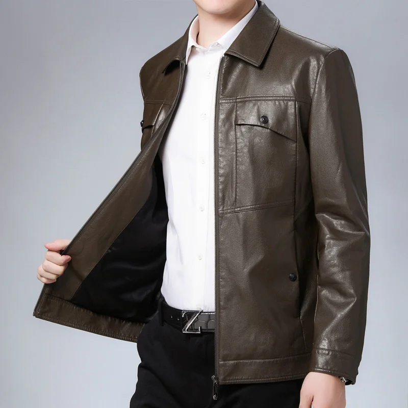 

Men's Spring Autumn Thin Business Lapel Leather Jacket 2024 New Classic Design PU Brand Clothing