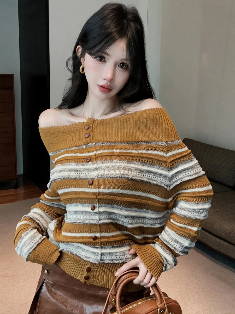 Retro Autumn Winter Loose Fit Striped Long Sleeve Knitted Sweater Shoulder Bared Single Button Casual Versatile Ladies Top