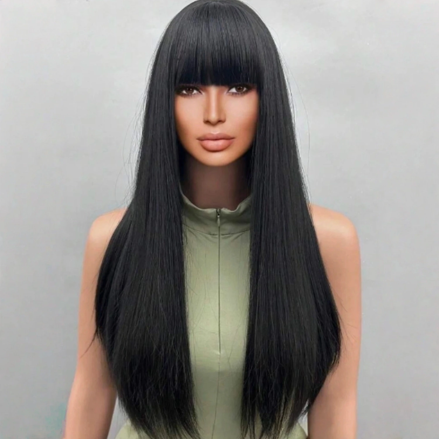 

Термостойкий синтетический парик Длинный прямой парик 28 дюймов с челкой, с натуральным, реалистичным и мягким качеством волос.