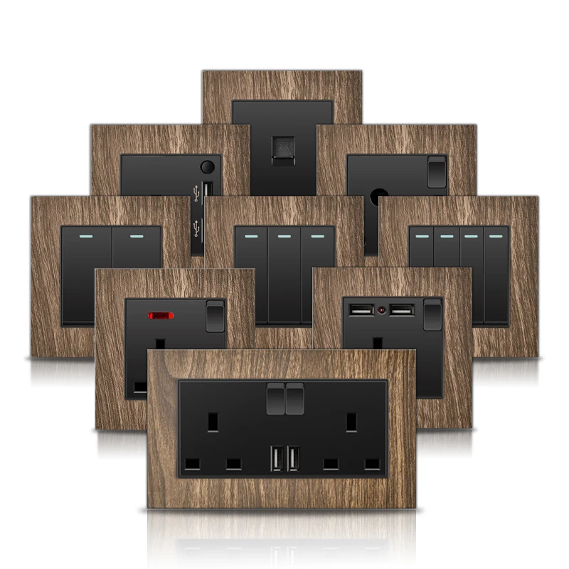 

86 Universal Retro Wood grain Wall Light Switch 5V Fast Type C Wall 220V Power Outlet plug UK Electrical socket with USB Charger