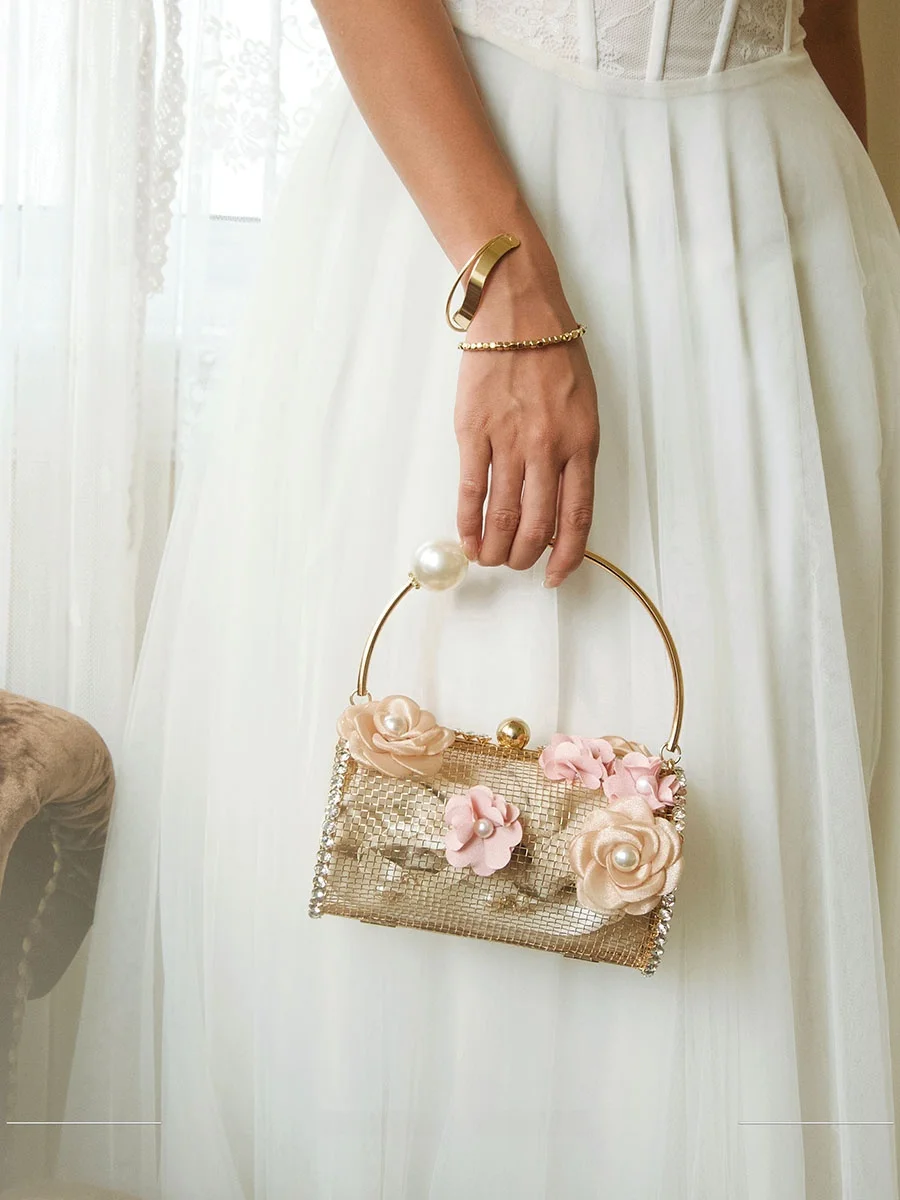 

UGALS Retro Handmade Flower Pearl Birdcage Bucket Fairy Versatile Banquet Clutch Shoulder Bag Ladies Fashion Accessory