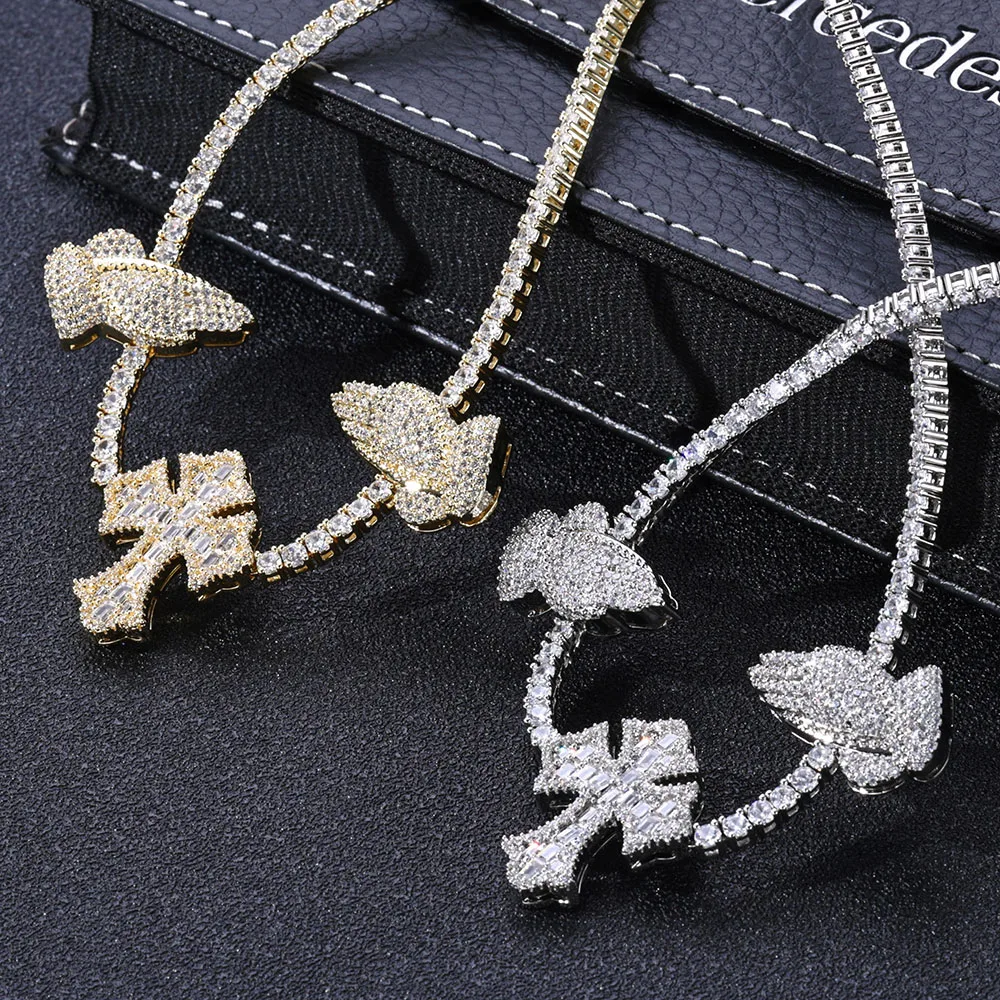 

Women's Hip Hop Cross Necklace High Quality Sparkling 5A Cubic Zirconia Praying Hand Cross Pendant Tennis Necklace