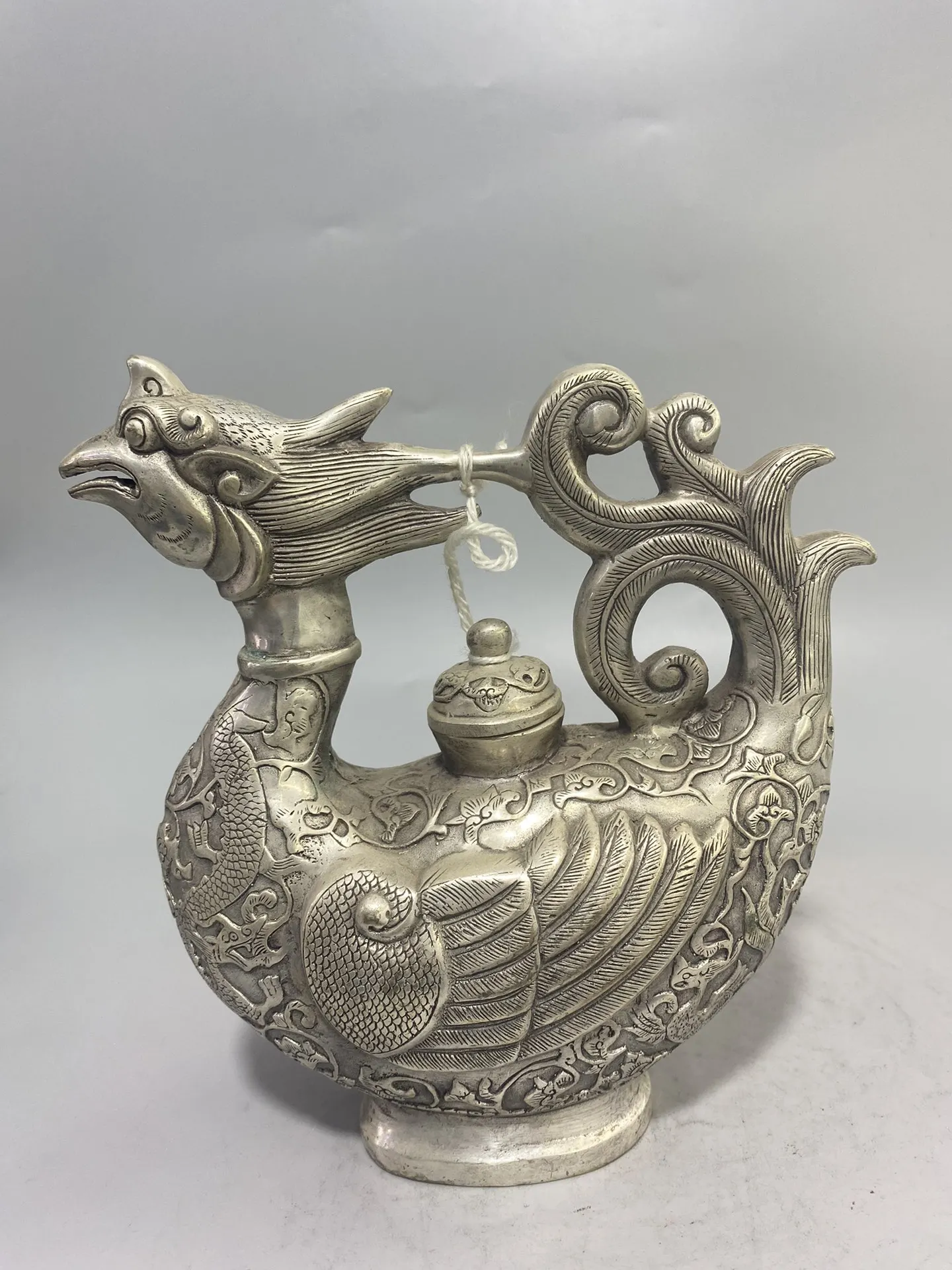 Collection Decoration Old Handmade White Copper Carved Phoenix Large Teapot