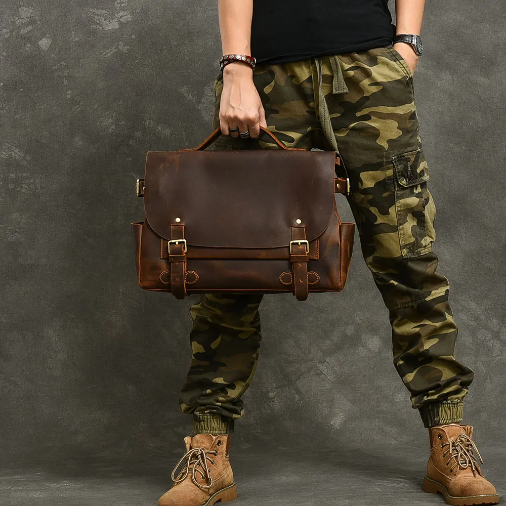 Sac à main rétro en cuir véritable pour homme, style britannique, sac pour ordinateur portable, mallette en cuir Crazy Horse, sacs à bandoulière, cartable