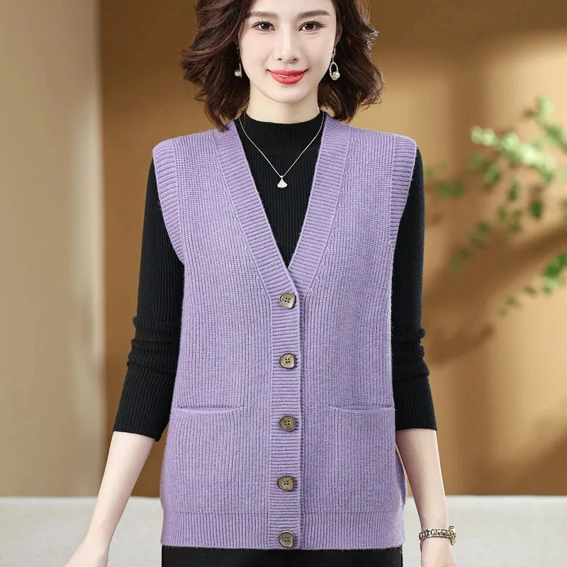 2026 Spring Autumn Sleeveless Middle Aged Mother Women's Knitted Cardigan Sweater Vest Fashion Loose Ladies Waistcoat Jacket