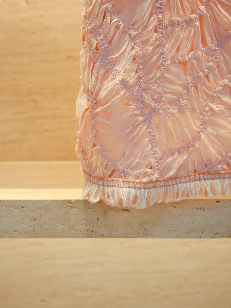 High-End Summer Lace Dr Women's Folded High Waist A-Line Skirt Knitted Fabric No Sve round Ne Pure Color Commute Sle