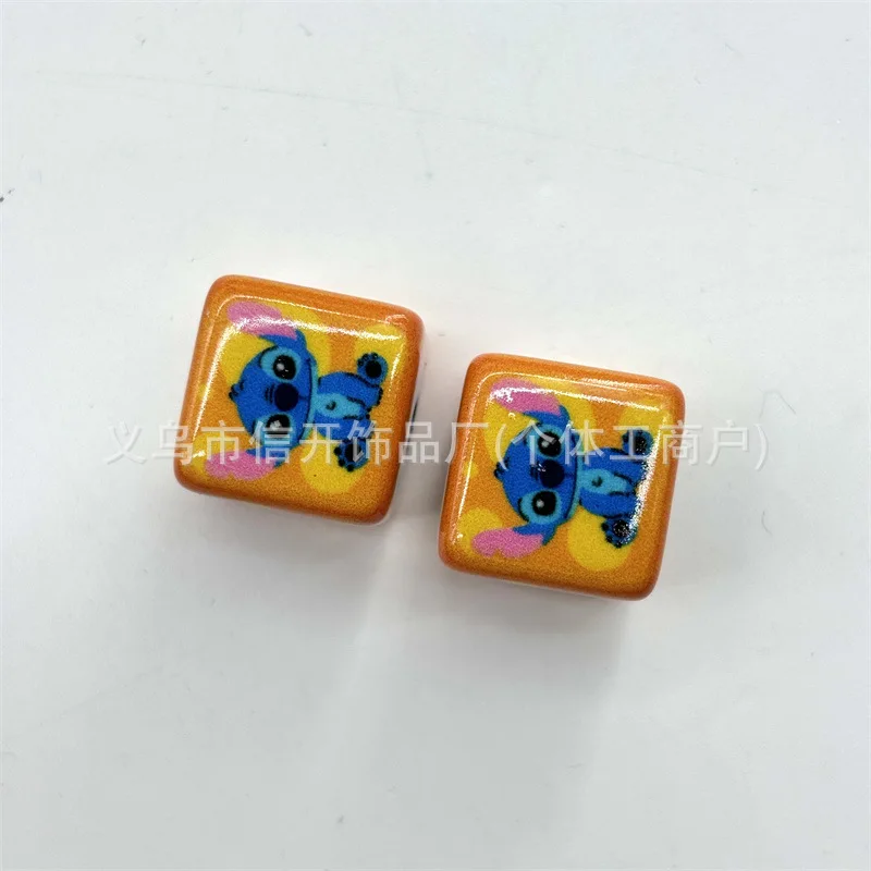 Through Hole 15mm Cartoon Printed Stitch Cute Colorful Square Bead Pen Material Mobile Phone Chain Diy Handmade Loose Beads