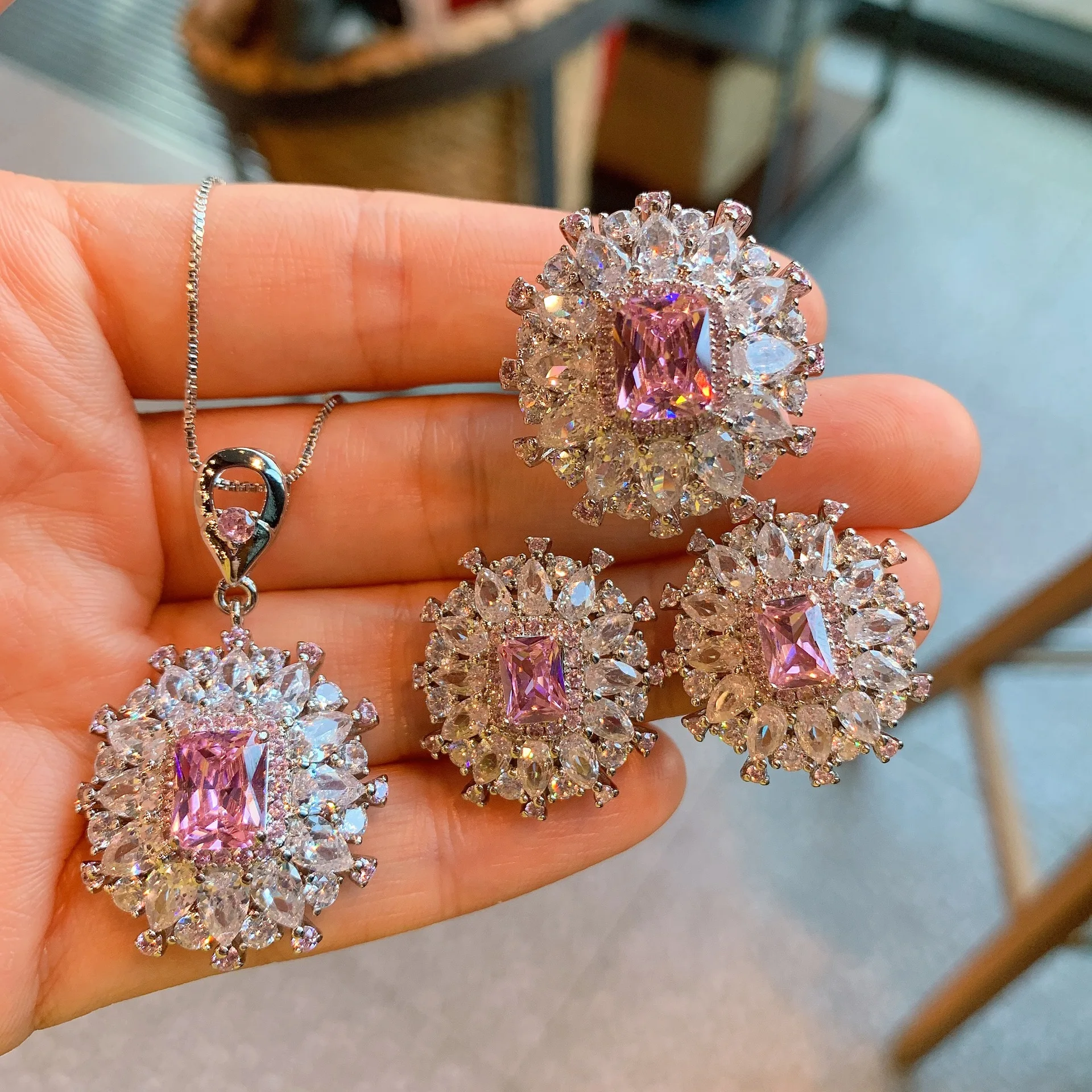 Vintage Pink Water Droplets Crystal For Women Earring Necklace Ring Set Jewelry Luxury Bridesmaid Party Anniversary Gift Flower