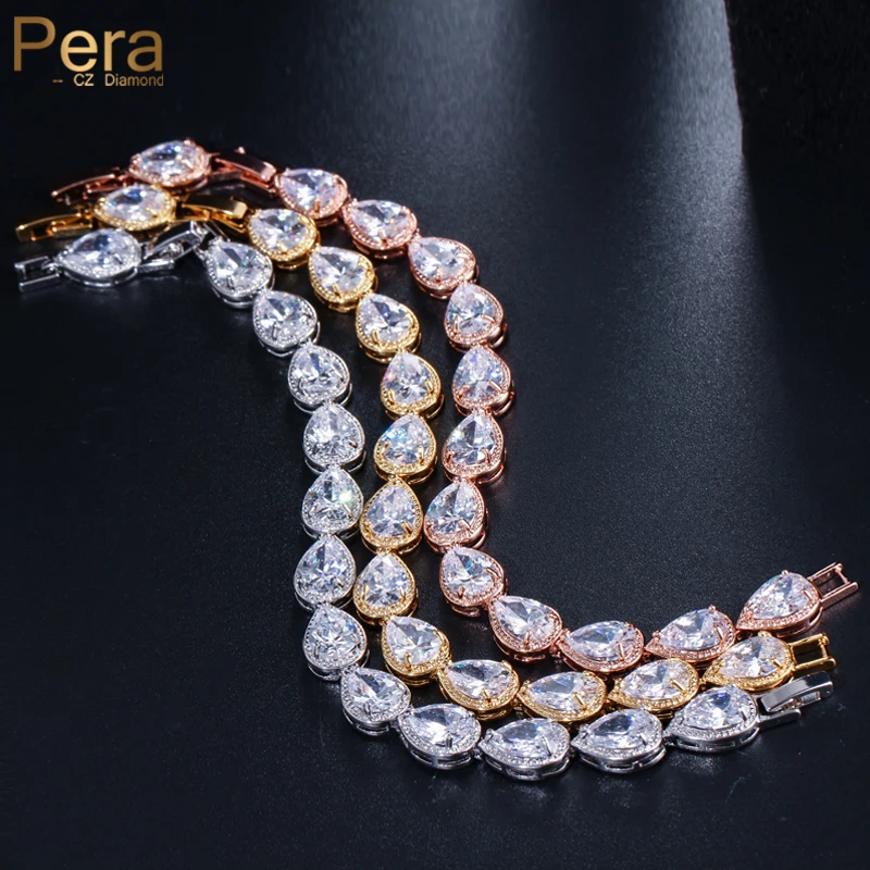 Pera High Quality Cubic Zirconia Rose Gold Color Big Water Drop Chain Link Bracelets for Women Wedding Jewelry Accessories B093