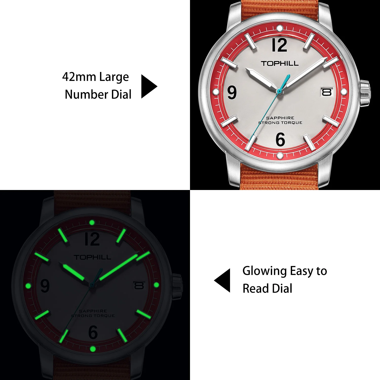 TOPHILL Quartz Watch for Men  Luminous Sport Watch Sapphire Crystal Vintage Design