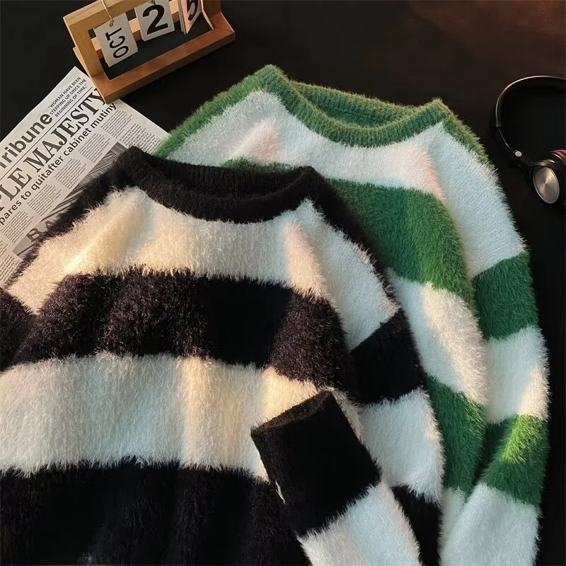 

Мужской свитер оверсайз 250 Pou, осень-зима, полосатый цвет, блузка, модный базовый слой, свободный крой, длинный све, бейсбольная одежда...