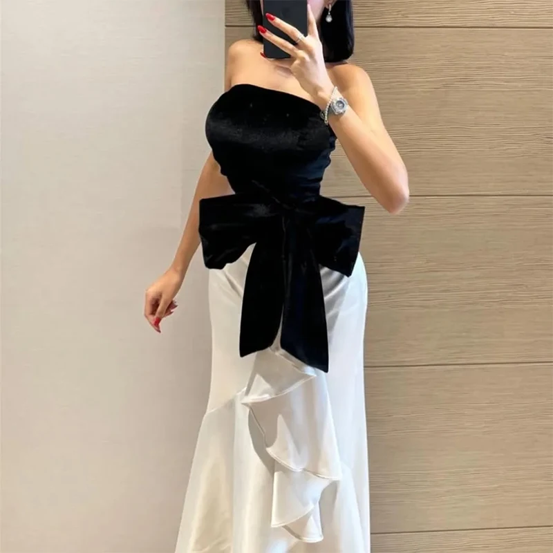 

Black And White Strapless Evening Dresses Women Mermaid Bow Flounce Party Prom Dresses Customized