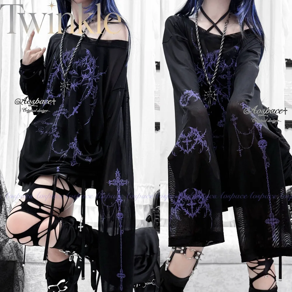 Goth Graphic Print Top Alternative Streetwear Puff Sleeve Drawstring Hem Lightweight Cover Up Dark Aesthetic Fashion