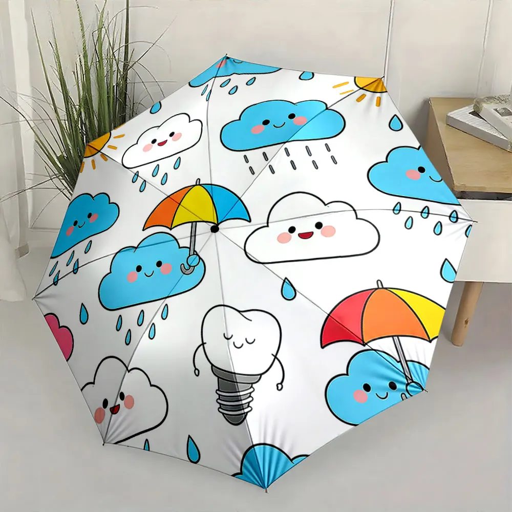 1PC Colorful Umbrella with Cute Cloud Patterns Print 8 Iron Ribs Folding Umbrella Auto-Open Fashion Sunshade