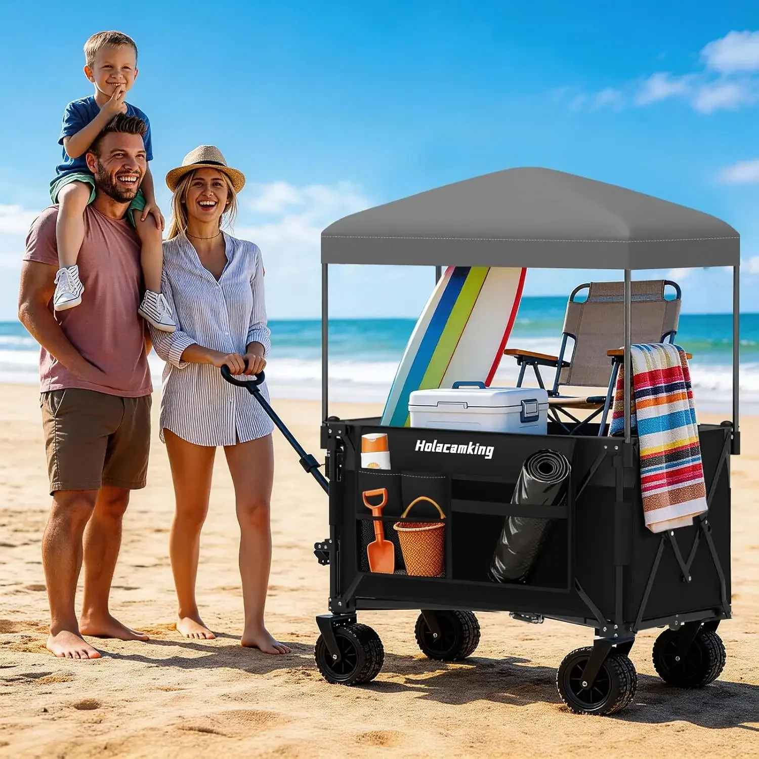 Collapsible Canopy Wagon Cart, Heavy Duty Utility Wagon with Removable Sun Cover, All-Terrain Big Wheels, Dual Brakes, Extra Lar