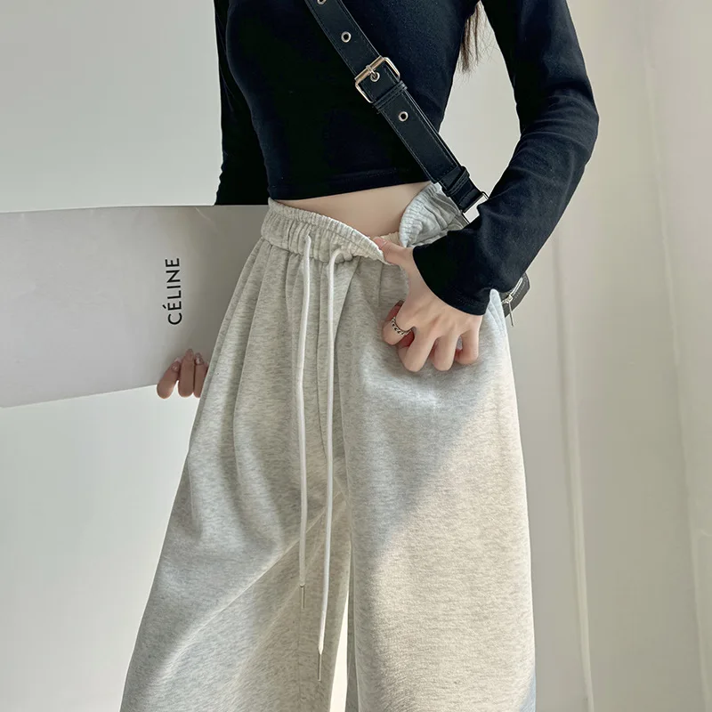 

Серые спортивные штаны с цветными блоками на талии для женщин, весенне-осенние новые свободные повседневные широкие брюки с высокой талией для миниатюрных американских стилей