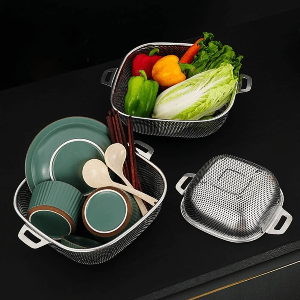 Binaural Square Drain Basket Stainless Steel Rust-proof Vegetable Washing Basket Fine Mesh Stackable Fruit Storage Basket