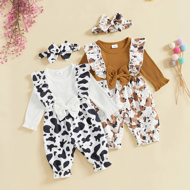 2024-09-13Lioraitiin Baby Girl Spring Outfit Contrast Ruffle Trim Fake Two-Piece Long Sleeve Full Length Romper Bow Headband Set