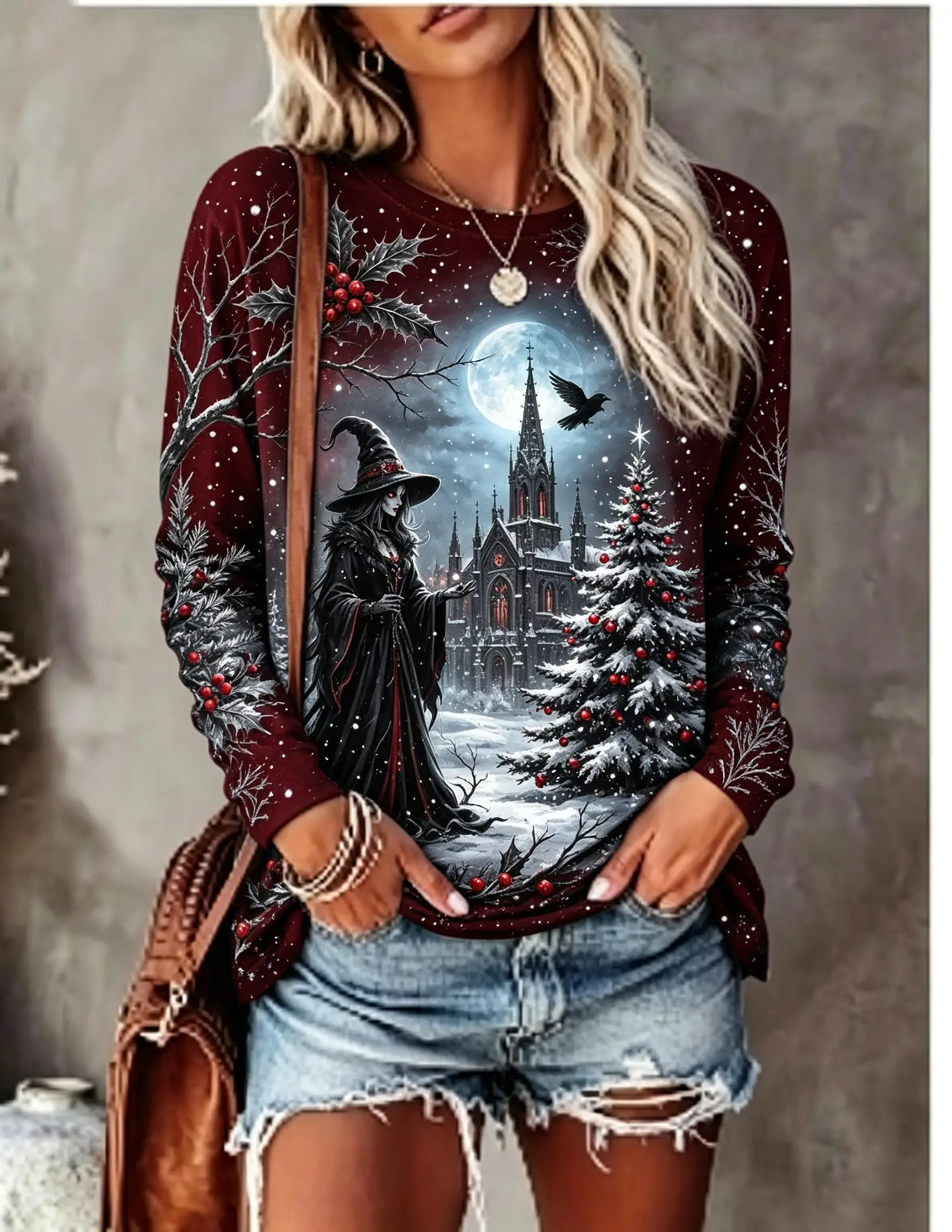 Women Halloween Long Sleeve T‑Shirt Dark Witch Castle Crow Snowy Night Moon Print Crew Neck Tops