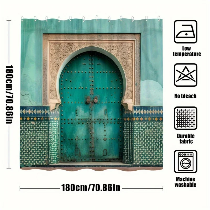 Moroccan Door Shower Curtain, Decorative Wall Art Polyester Bath Curtain with Hooks, Water-Resistant Woven Fabric, Artistic Them