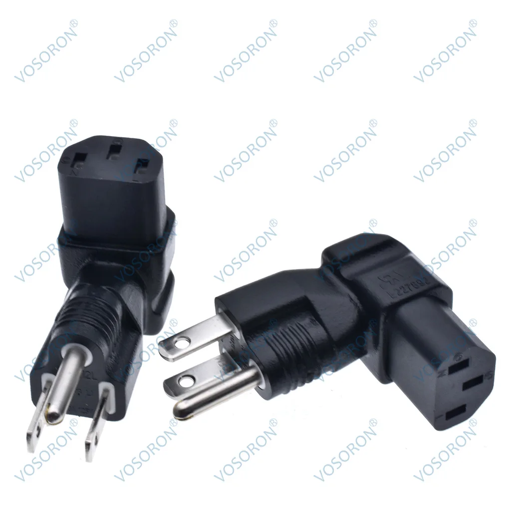 3 Prong Right Angle Plug Adapter, NEMA 5-15P USA plug to C13 receptacle