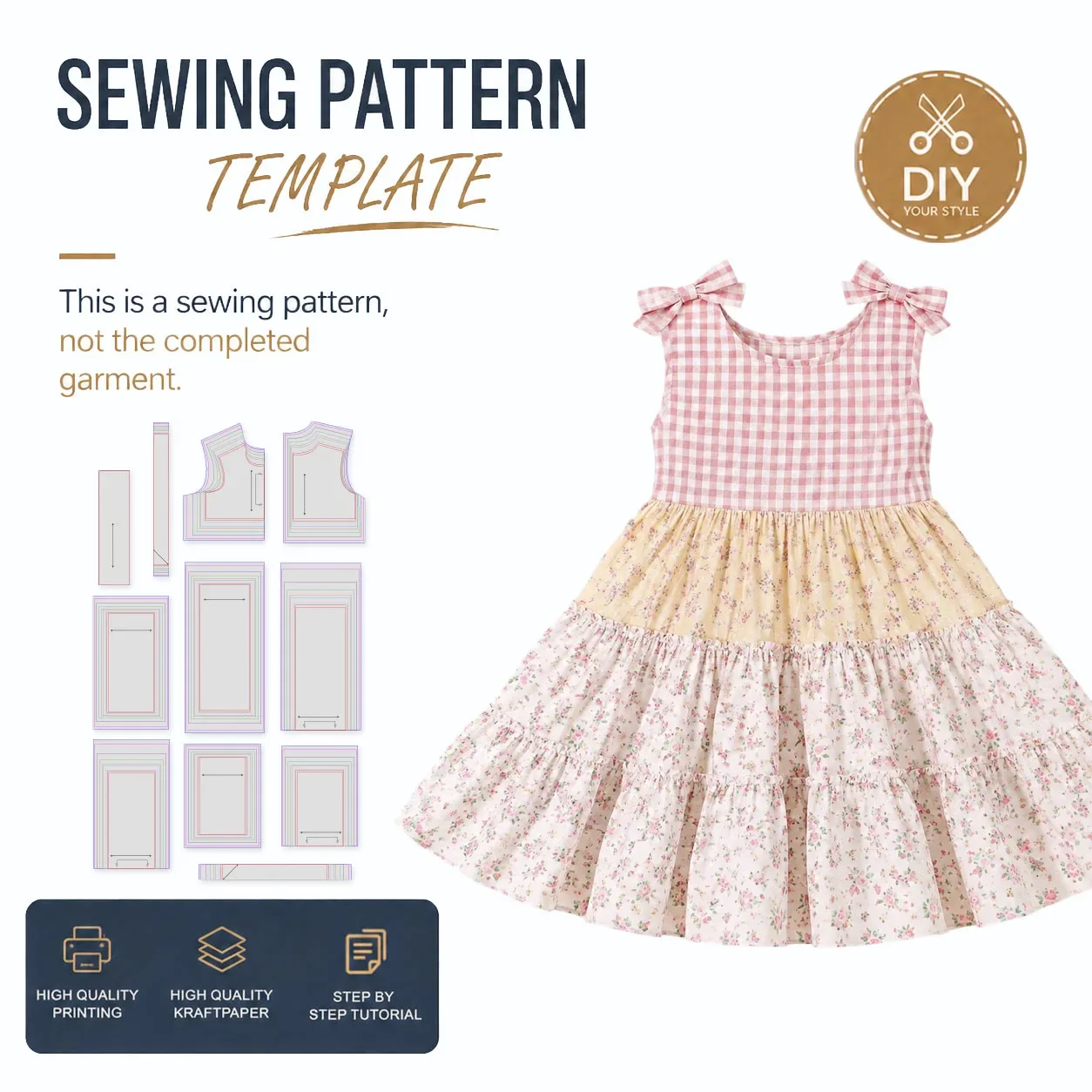 Gingham Floral Dress sewing patterns, kraft paper printed template with clear lines, easy sewing project for beginners