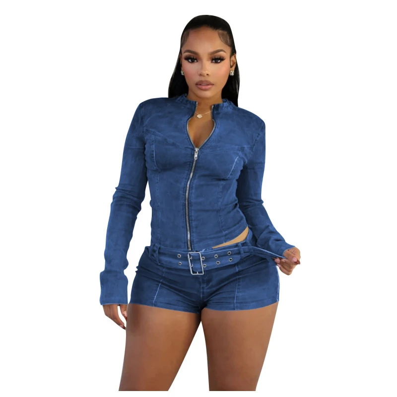 

STYLISH LADY Джинсовый комплект из 2 предметов Женская укороченная куртка на молнии с длинными рукавами и шорты Костюмы 2025 Осенняя однотонная повседневная уличная одежда