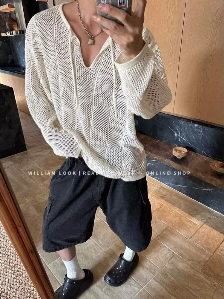 Lace-up Design Hollow Out Knitted Sweater Mens Summer Knit Sweater Lazy Casual High-end Top Long Sleeve Pullover White Harajuku