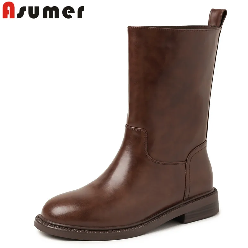 MORAZORA Ins New Real Leather Mid Calf Boots Women Pull On Low Heels Half Boots Autumn Winter Ladies Fashion Western Boots