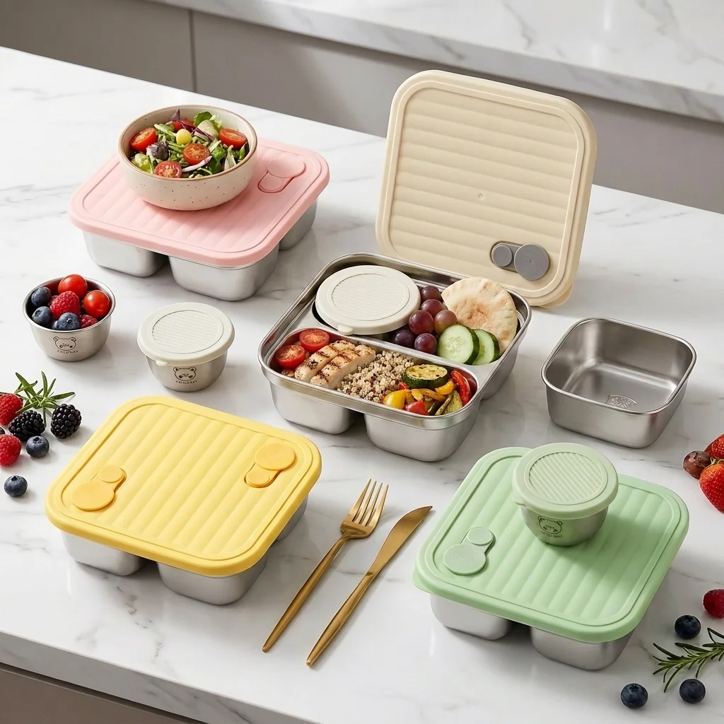1/2 Grids 304 Stainless Steel Lunch Box School Picnic Portable Heat-resistant Sealed Fruit Salad Food Container With Sauce Box