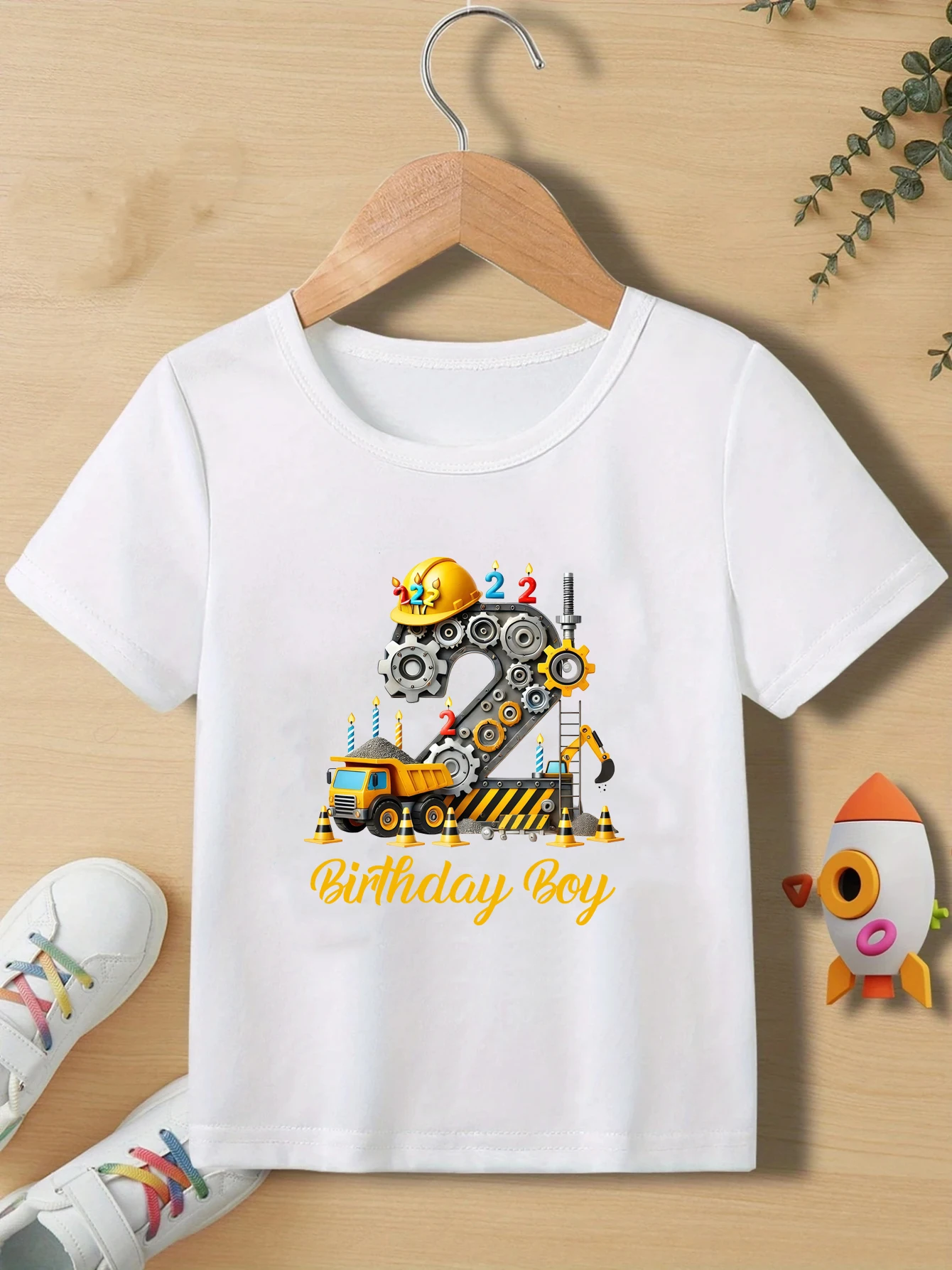 Funny Cartoon Prints of Trains, Airplanes, and Trucks Printed Patterns Kids 2-5nd Birthday party Gift Clothing Summer Tshirt Top