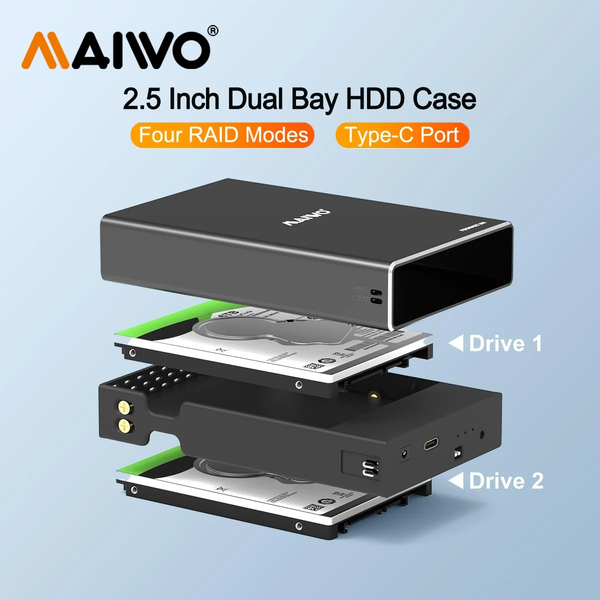 

MAIWO 2,5-дюймовый HDD и SSD SATA I/II/III Корпус с двумя отсеками для внешнего жесткого диска Алюминий USB 3.0 5 Гбит/с с функцией RAID