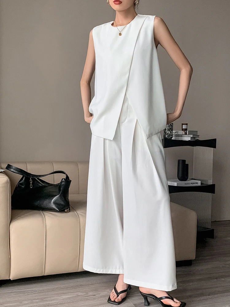 [LANMREM] Office Lady 2 Piece Set Women's Irregular Design Round Neck Vest High Waist Wide Leg Pants 2024 Summer New 26D9719