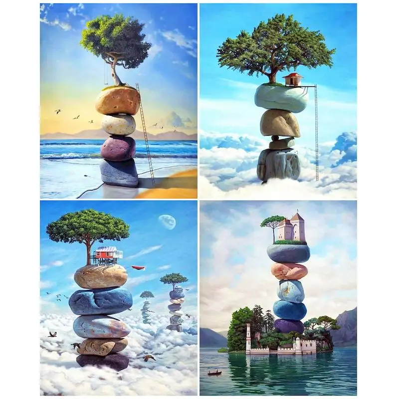 

CHENISTORY Coloring By Numbers Tree Scenery on Stones Painting By Numbers On Canvas DIY Home Decoration DIY Gift