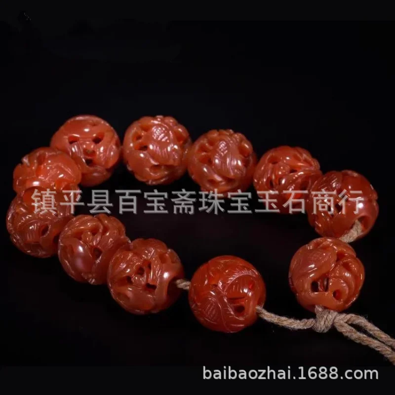 Old Hollow Carved Double Cranes Harmonious Red Agate Faux Antique Buddha Bead Bracelet