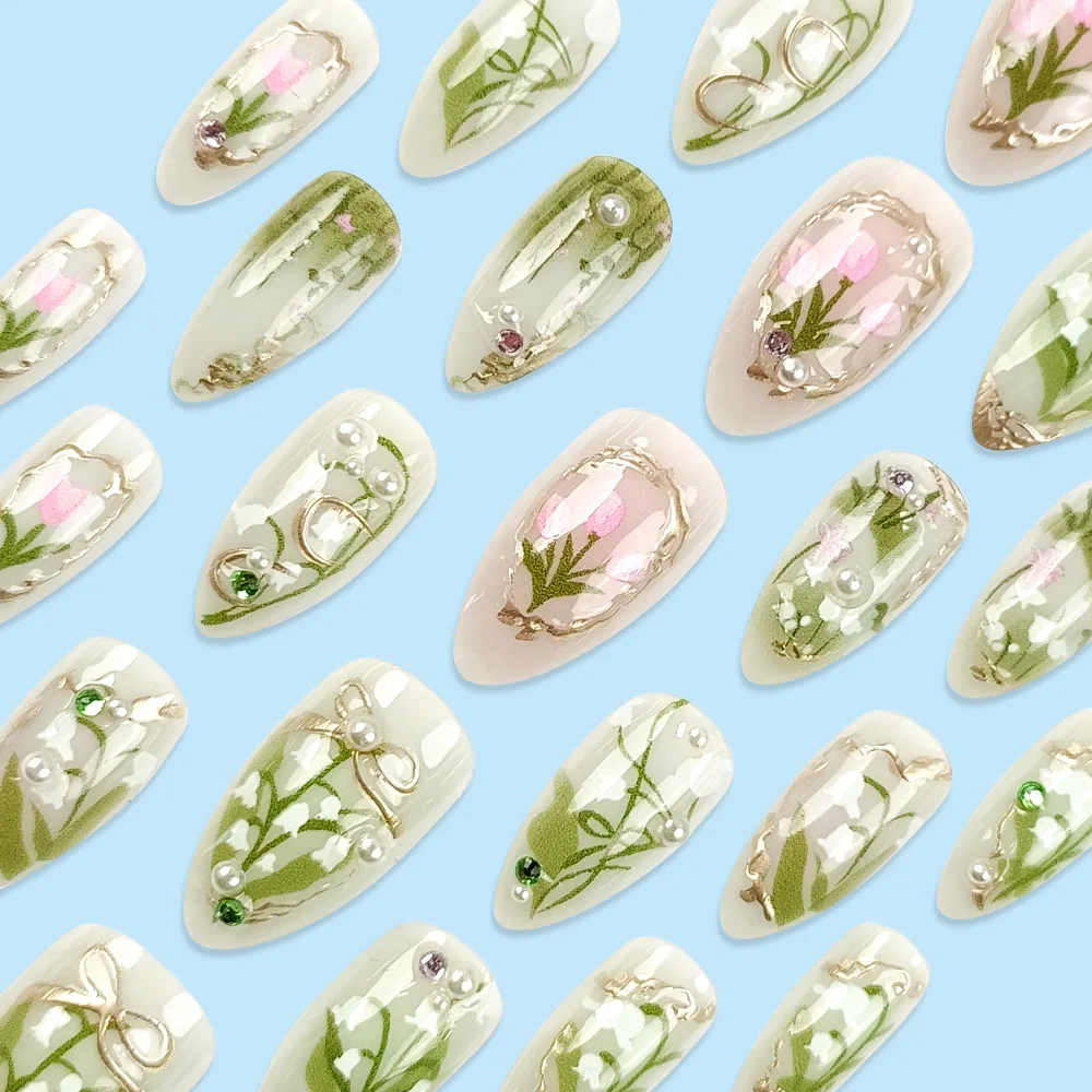 24 pçs reutilizáveis unhas adesivas imprensa em 3d moda imprensa em unhas conjunto primavera verão unhas falsas com design auto-prego atacado