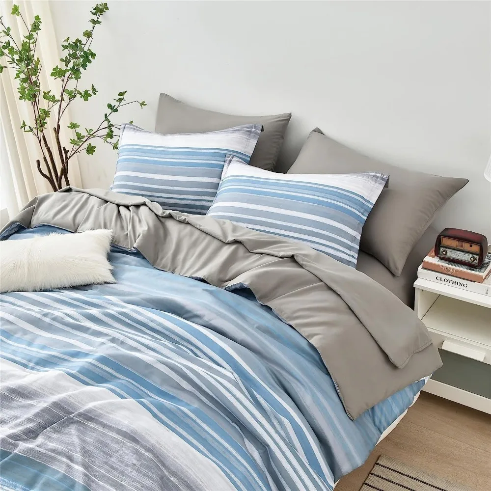 Imagem -05 - Listrado Comforter e Conjunto Folha Cama em um Bolsa Stripe Comforter Twin Size Branco Cinza Azul Pcs