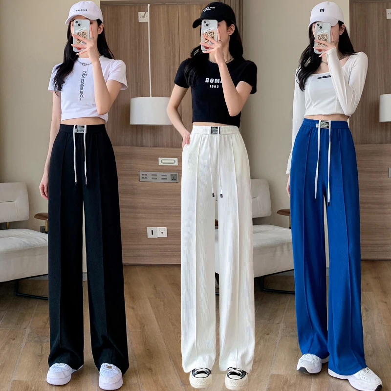 

Loose Women Wide Waist Thin Leg Pant High Pantalones Straight Sweatpants Summer Ice Slik Pants Soft Trousers Vertical Stripe