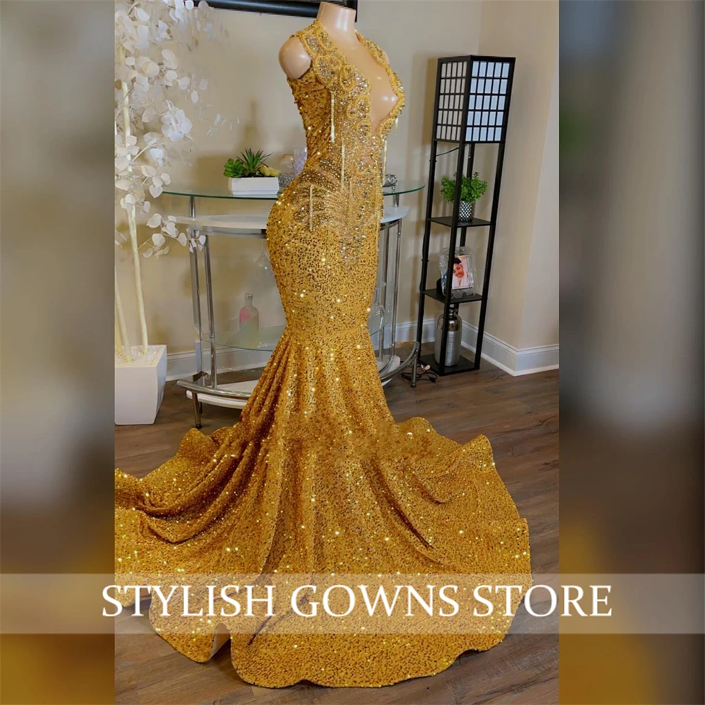 Sparkly Gold  Long Prom Dress For Black Girls Beaded Crystal Diamond Birthday Party Gown Tassel Evening Dresses Customized