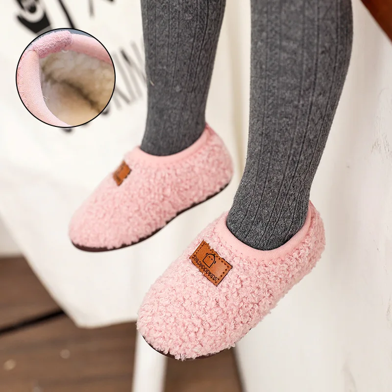 2023 Autumn Winter Children Home Slippers Baby Non-slip Warm Indoor Cotton Shoe Solid Color Fur Kids Shoes Boys Girls Flip Flops