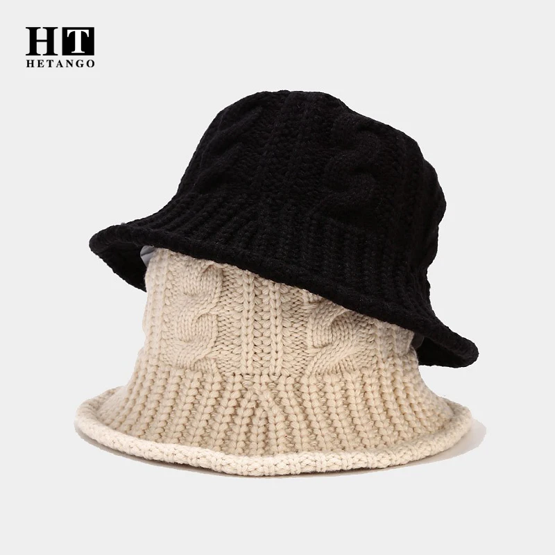 

New Autumn Winter Knitted Bucket Hat Women Fashion Versatile Windproof Striped Pattern Handwoven Solid Color Fisherman Hat