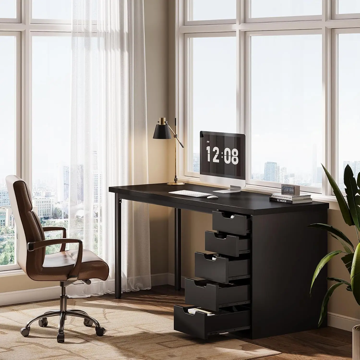 Simple Computer Desk with 5 Reversible Drawers, 47 Inches Rustic Brown Study Writing Workstation for Home Office, Customized