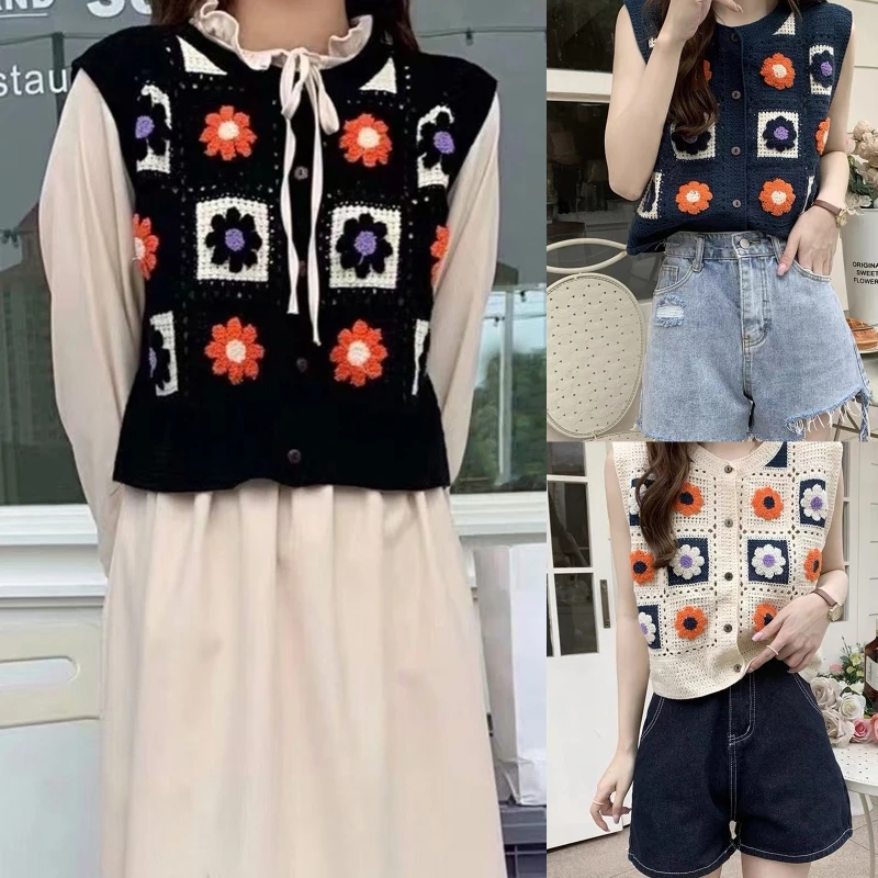 Sweet Waistcoats Hollow Tops Summer Floral Embroidery Sleeveless Crop Tops Casual Crochet French Style for Women Girl