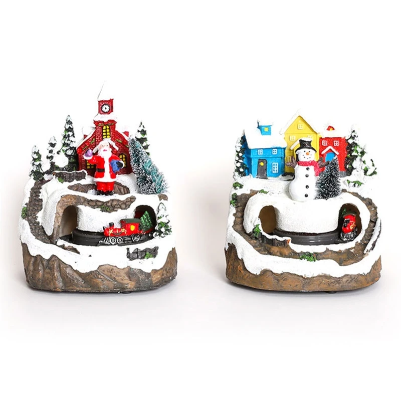 

Crafted Polyresin Christmas House Collectable Figurine Power Supply Moving Train Santa Snowman