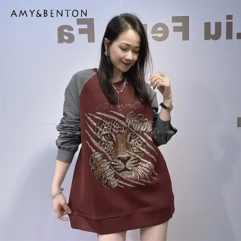 

American Retro Raglan O-Neck Long Sleeves Sweatshirts Women's Autumn New Heavy Craft Rhinestone Loose Oversized Patchwork Hoodie