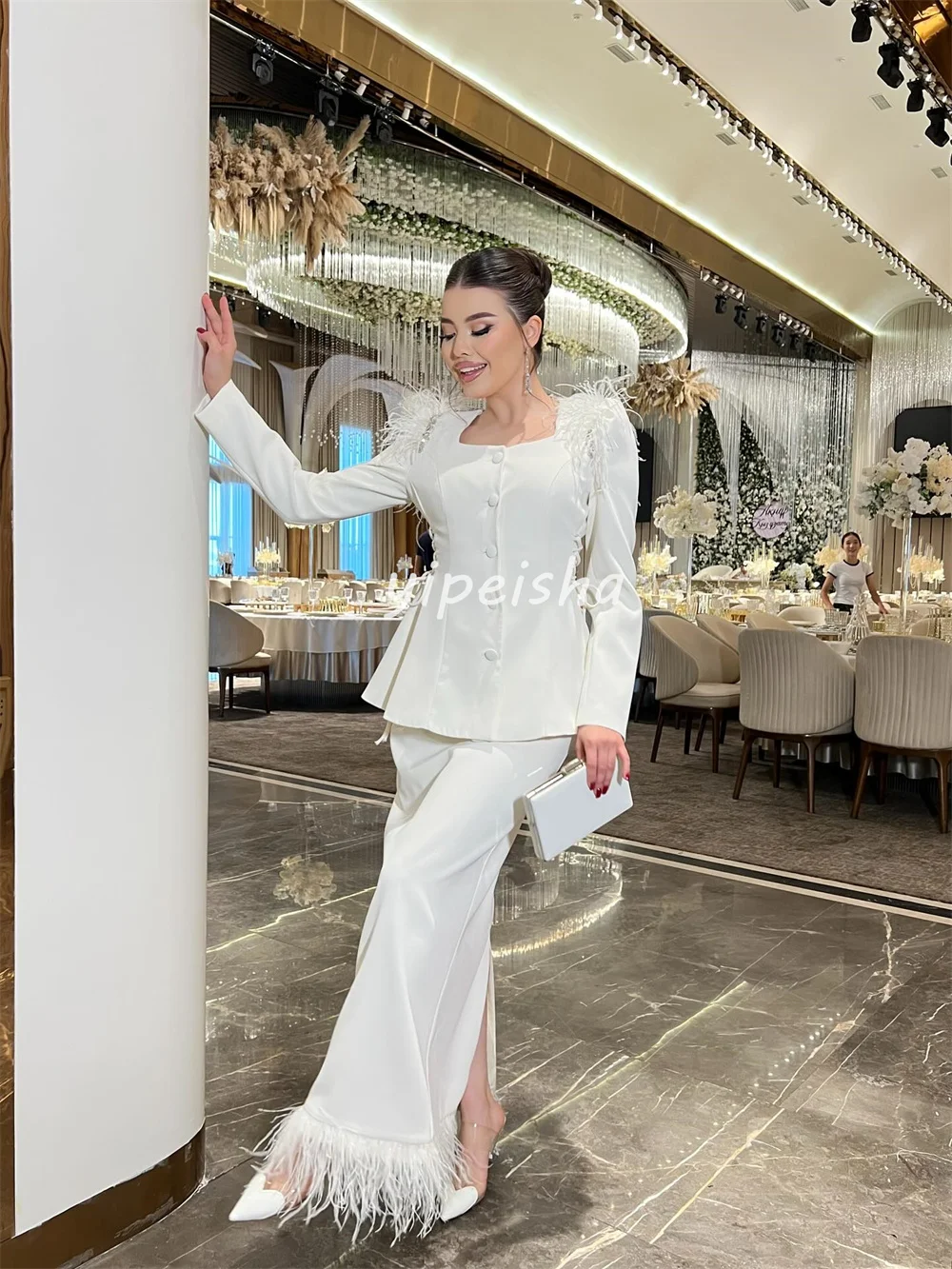 Personalizado combinando formal jérsei botão pena plissado em linha reta pescoço quadrado vestidos longos sob medida vestidos de ocasião alta qualidade