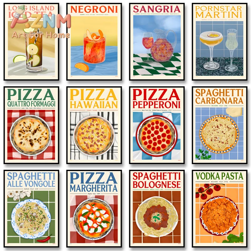 1pc frameless Canvas Painting Classic  Vintage Old Cocktail Poster Pizza Tapas Print Canvas Painting Abstract Wall Art Picture f