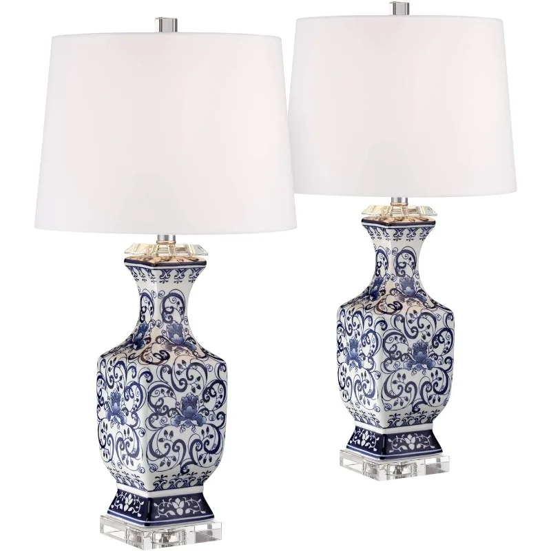 Iris-Lampes de table de style pot chinois asiatique, 28 "de haut, ensemble de 2, porcelaine bleue, cristal, Genève, tissu blanc, décor d'abat-jour de tambour