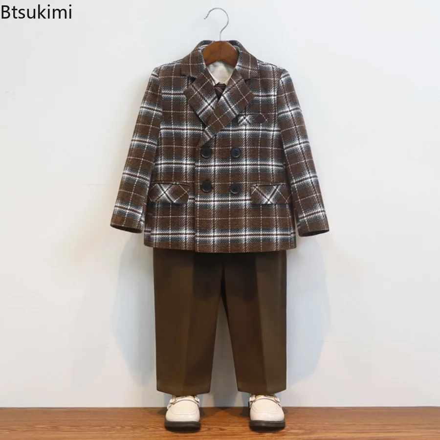 Boy's Plaid Suit Autumn Winter Thick Flower Boys Wedding Outfits Stylish Child Host Performance Costume Kids Birthday Blazer Set
