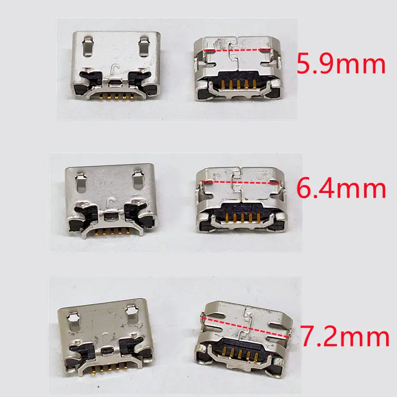 100pcs/Lot micro USB 5pin jack Ox horn flat edge 5.9/6.4/7.2mm Female socket Mini connector for Mobile phone charging tail plug